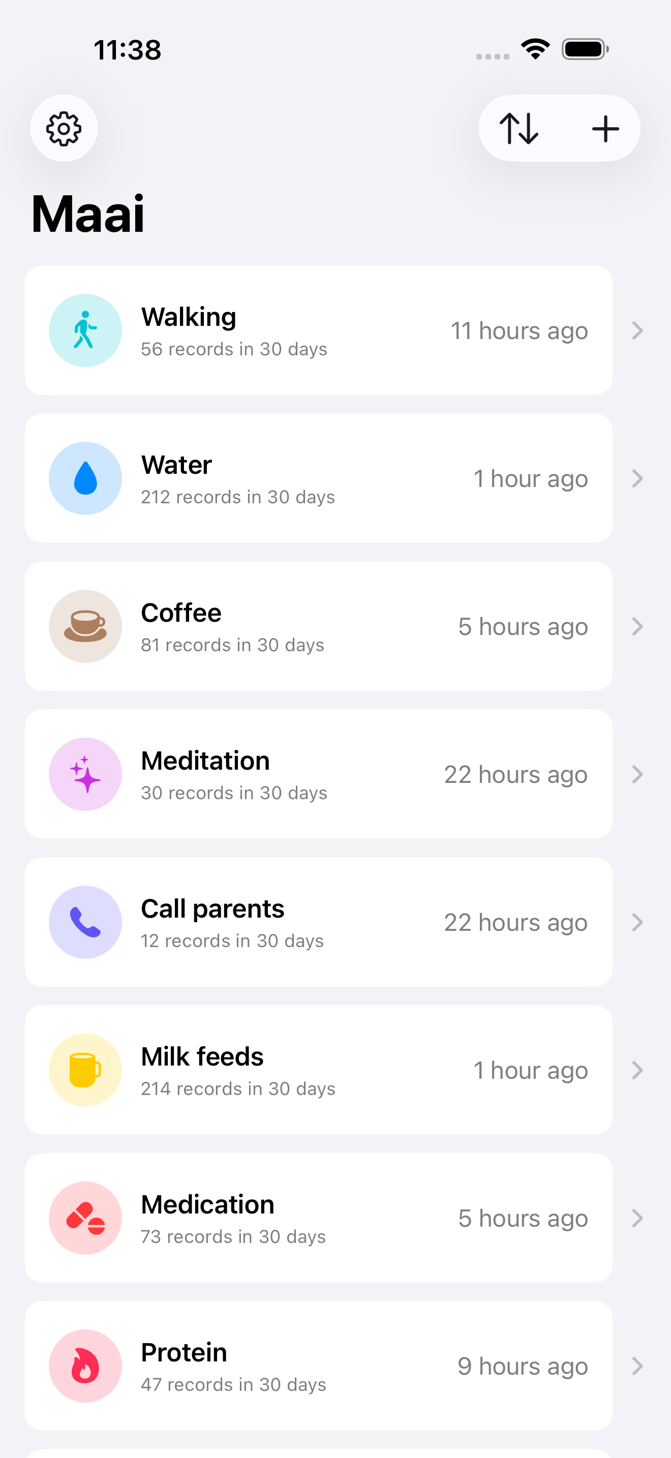 Maai counter list — multiple counters with the time since last record, time-axis first.