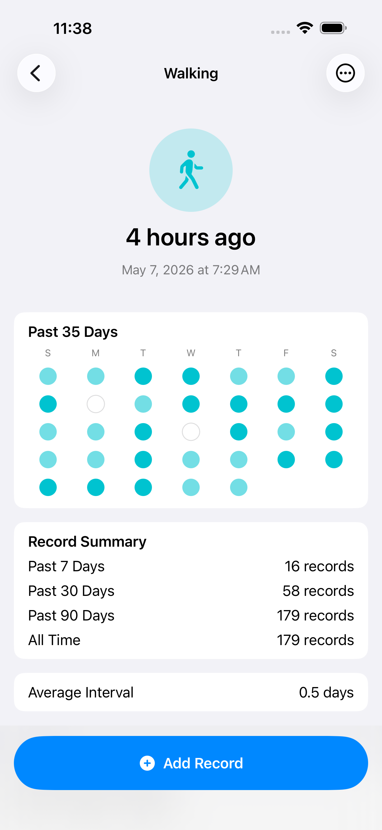 Maai detail view with a dot calendar showing past records.
