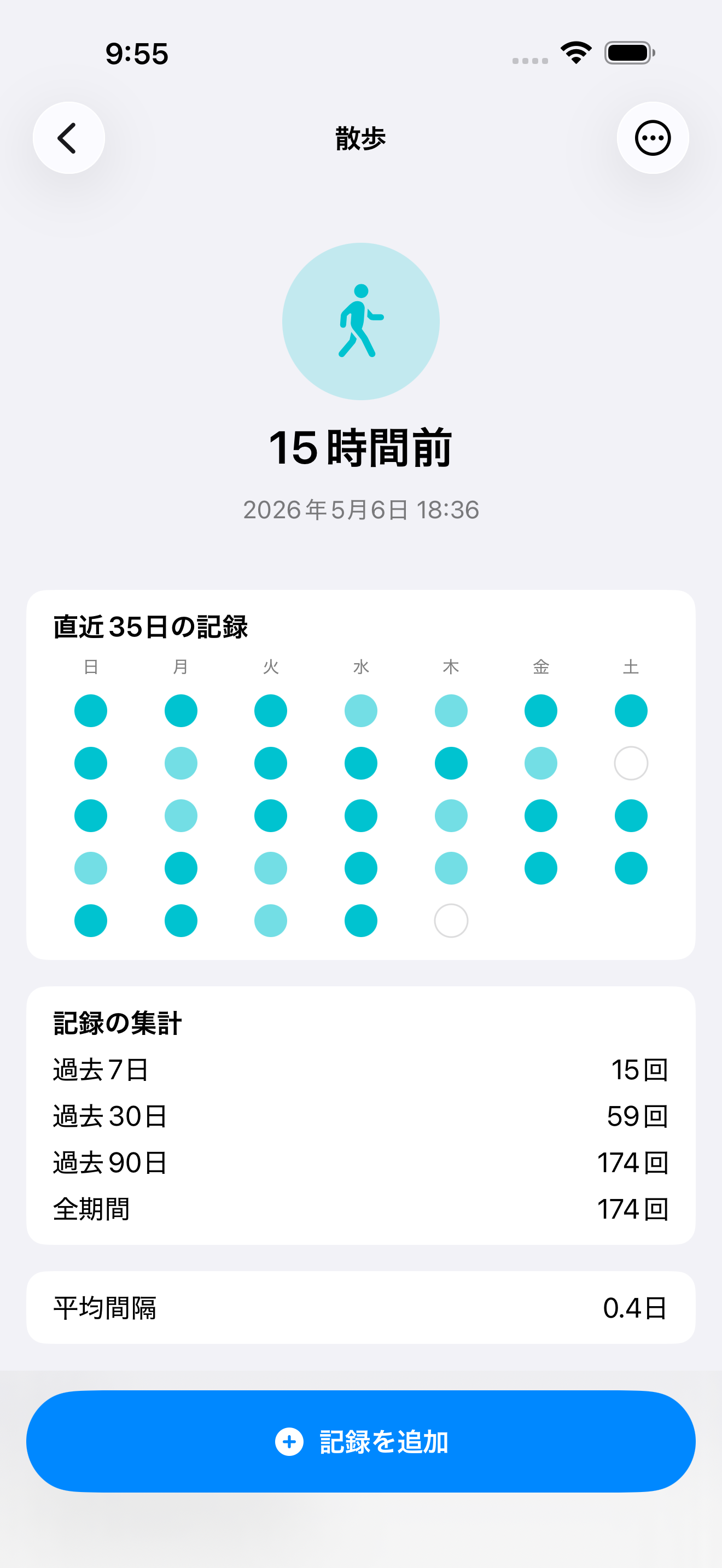 Maai の履歴詳細画面。ドットカレンダーで過去の記録が一覧表示されている。