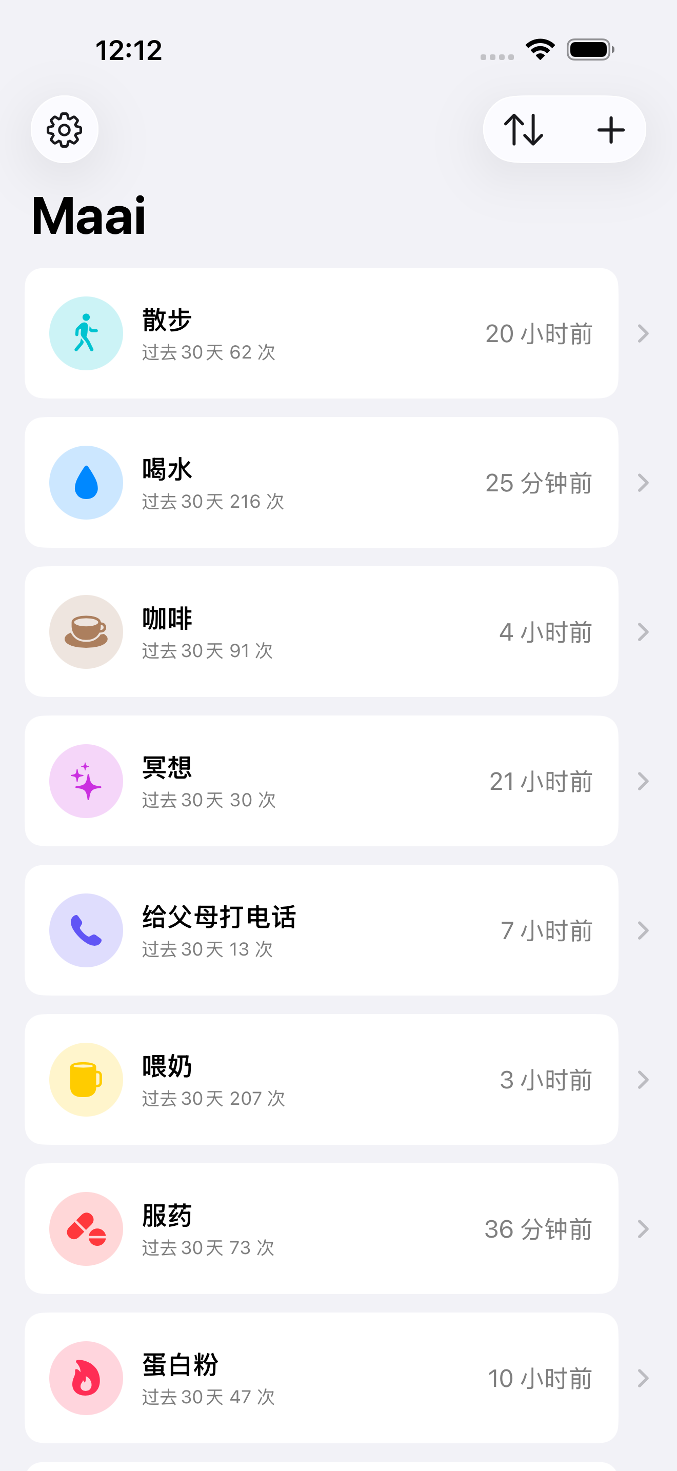 Maai 计数器列表，多个计数器以时间轴为中心排列。