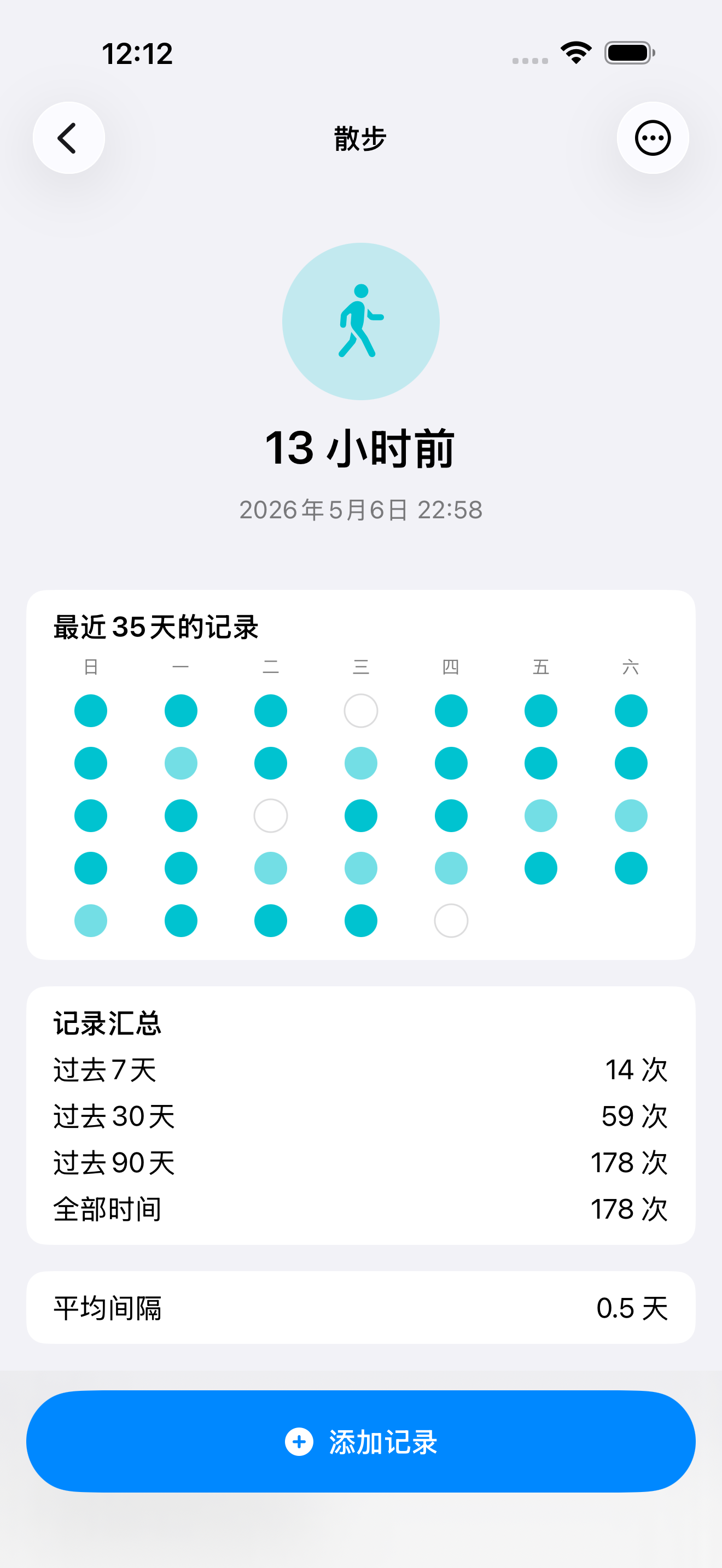Maai 历史详情页，点状日历显示过去记录。