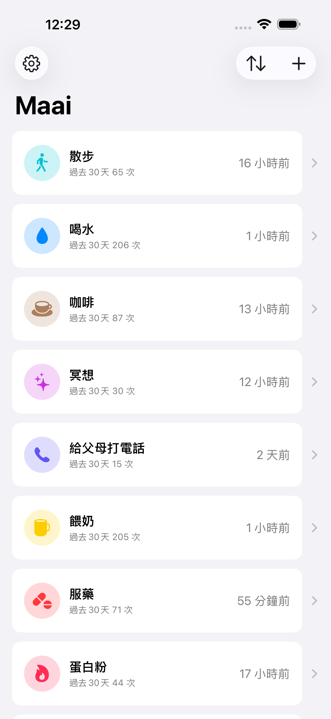 Maai 計數器列表，多個計數器以時間軸為中心排列。